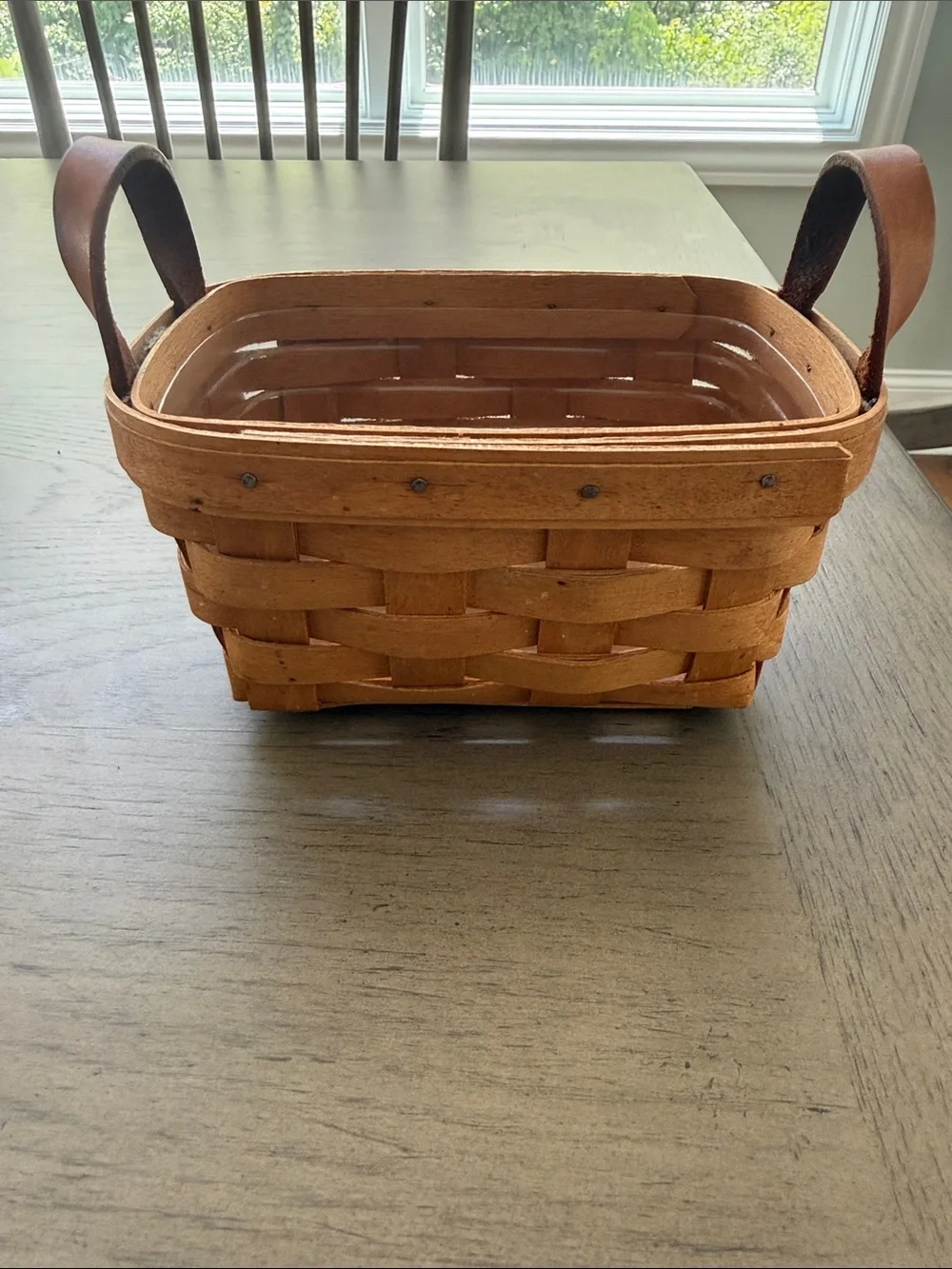 Longaberger Wood Basket with Leather Handles - Signed